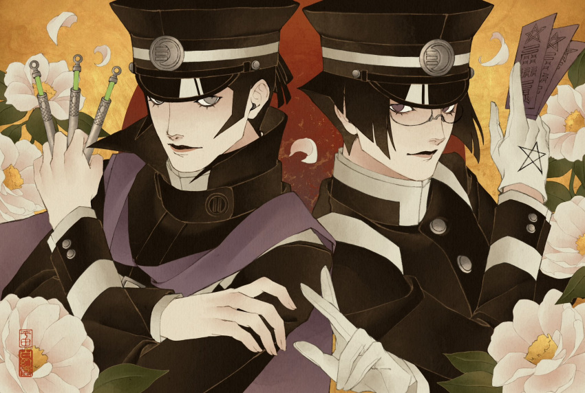 2boys, black_hair, black_hat, cape, commentary_request, devil_summoner:_kuzunoha_raidou_tai_kodoku_no_marebito, devil_summoner_(series), glasses