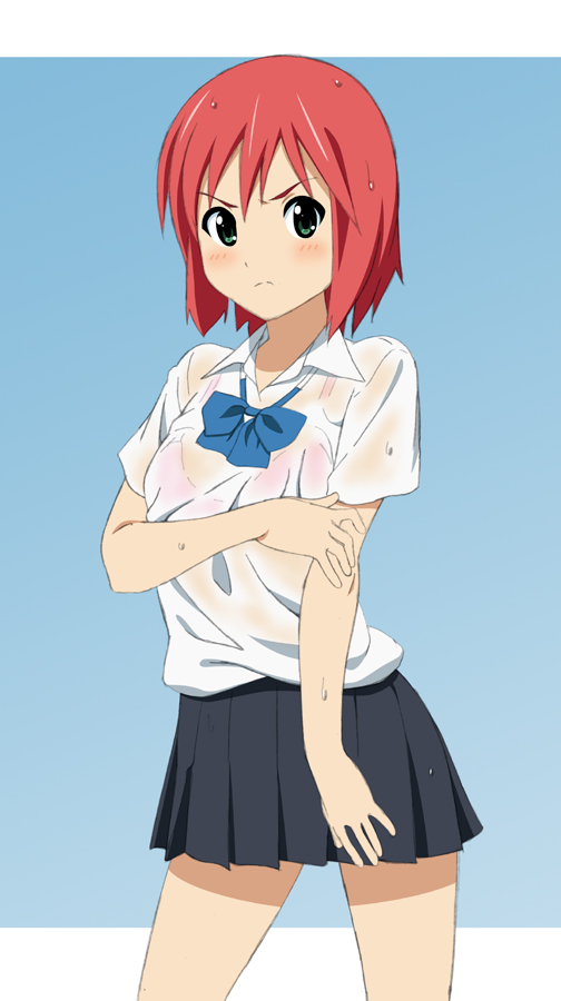 bra, frown, fukuoka_katsumi, green_eyes, ichigo_(fukuoka_katsumi), lingerie, original, red_hair