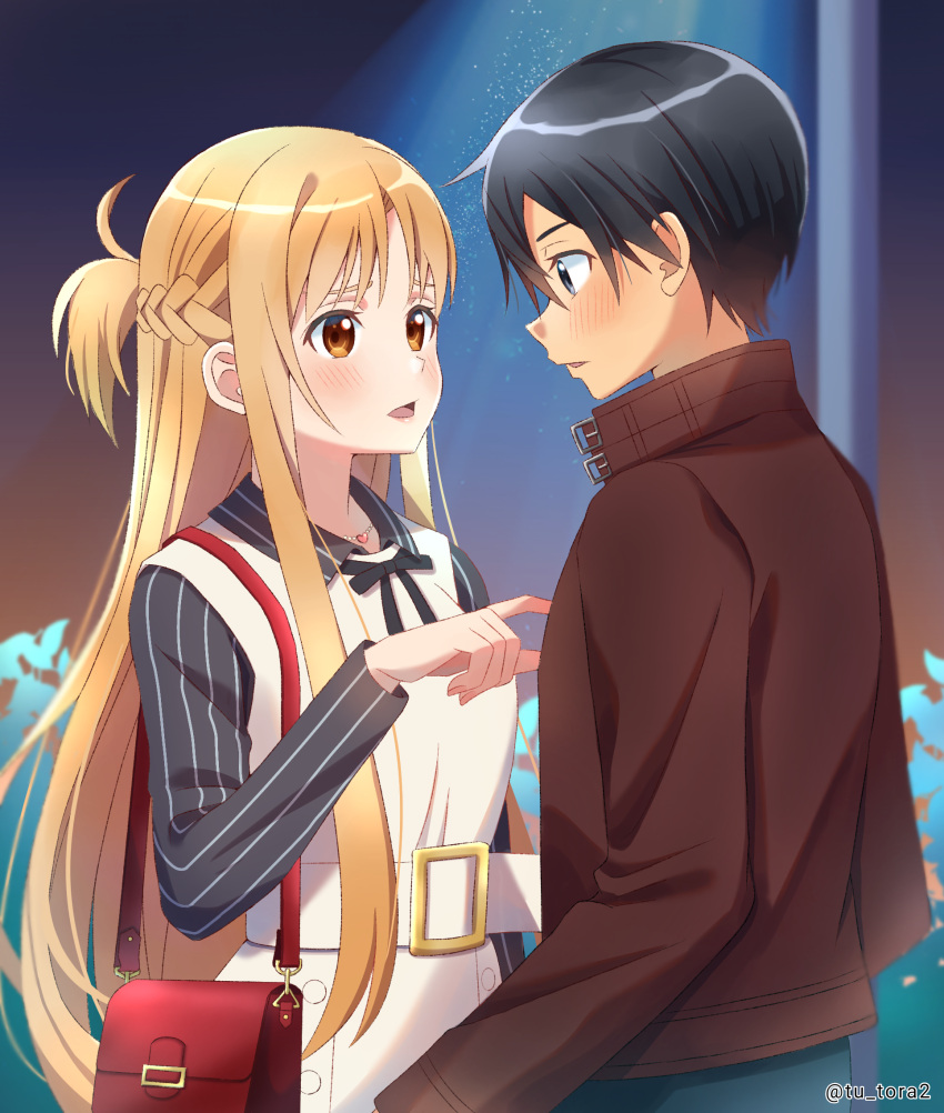 1boy, 1girl, alternate_costume, asuna_(sao), bag, belt, black_hair, blue_pants