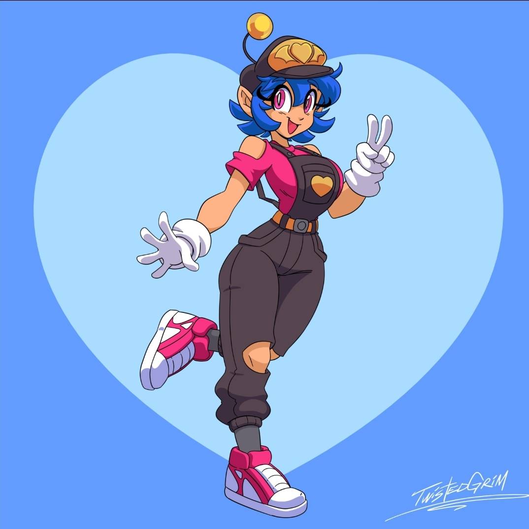 1girl, baseball_cap, blue_hair, crop_top, demon_girl, emi_(twistedgrim), gloves, hair_antenna