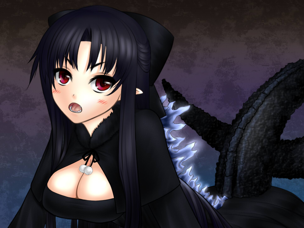 blush, bow, breasts, cleavage, fang, fusion, godzilla, godzilla_(series)