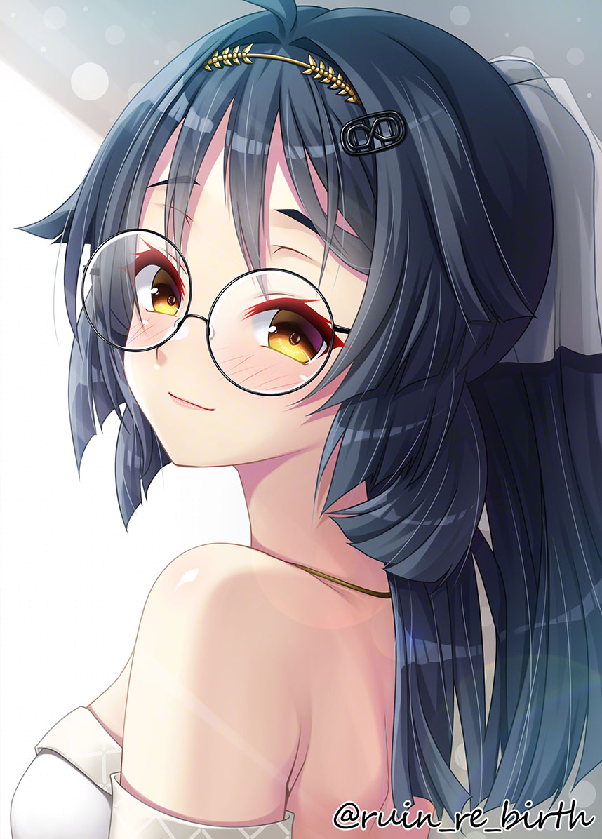1girl, ahoge, black_hair, breasts, dress, glasses, hair_ornament, hair_ribbon