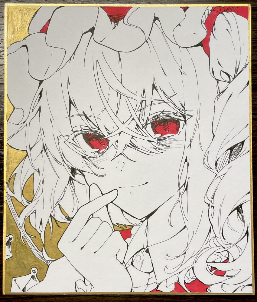 1girl, batory_ken, closed_mouth, collared_shirt, drill_hair, finger_heart, flandre_scarlet, frilled_shirt_collar