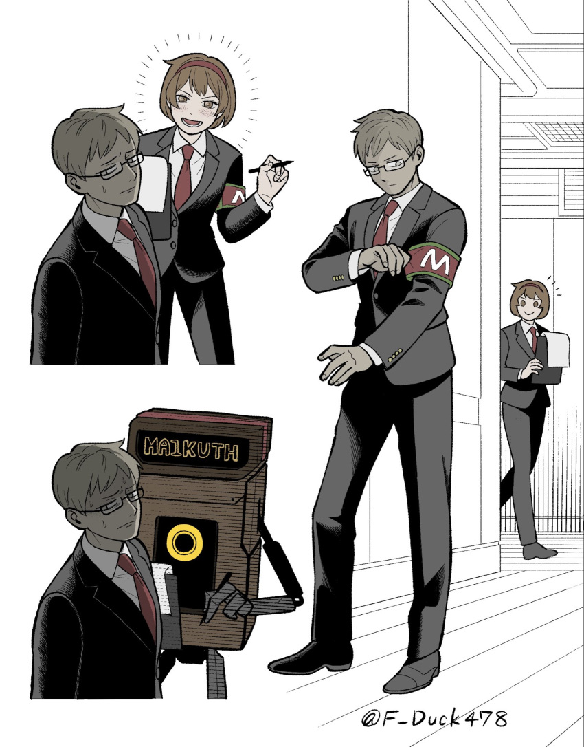 1boy, 1girl, black_jacket, blonde_hair, brown_eyes, brown_hair, collared_shirt, commentary