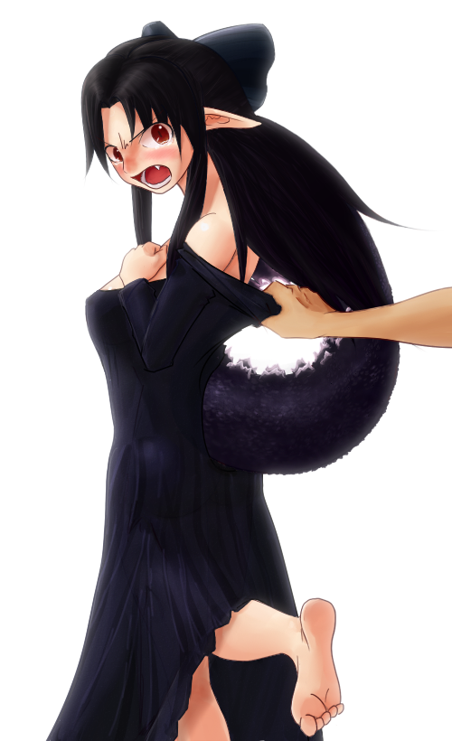 angry, barefoot, black_hair, blush, bow, dress, fang, from_behind