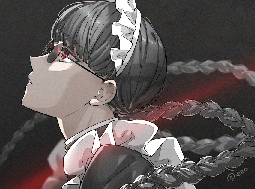 1girl, apron, black_background, black_hair, black_lagoon, blunt_bangs, braid, braided_twintails