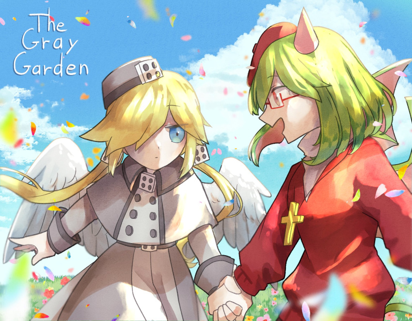 2girls, angel_wings, beret, blonde_hair, blue_eyes, blue_sky, buttons, clouds, coat, cross, cross_necklace, day, demon_horns, demon_wings, double-breasted, english_text, falling_petals, flower, from_side, froze_(funamusea), funamusea, glasses, grass, green_hair, grey_coat, haiiro_teien, hair_over_one_eye, hand_grab, hat, highres, horns, jewelry, looking_at_another, multiple_girls, necklace, non-web_source, outdoors, petals, pillbox_hat, profile, red-framed_eyewear, red_sweater, semi-rimless_eyewear, shibugaki_1025, sky, smile, sweater, under-rim_eyewear, wings, yosafire_(funamusea)