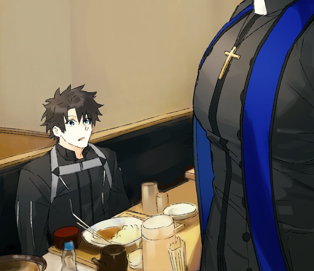 2boys, black_hair, blue_eyes, buttons, chopsticks, collarbone, commentary_request, cross