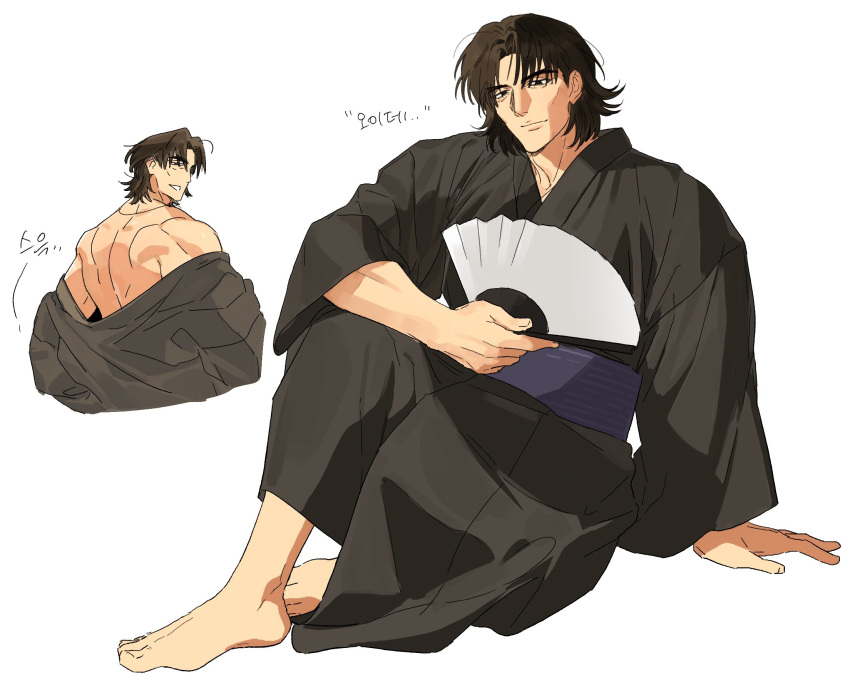 1boy, back_muscles, belt, black_kimono, fate/grand_order, fate_(series), grigori_rasputin_(fate), half-closed_eyes