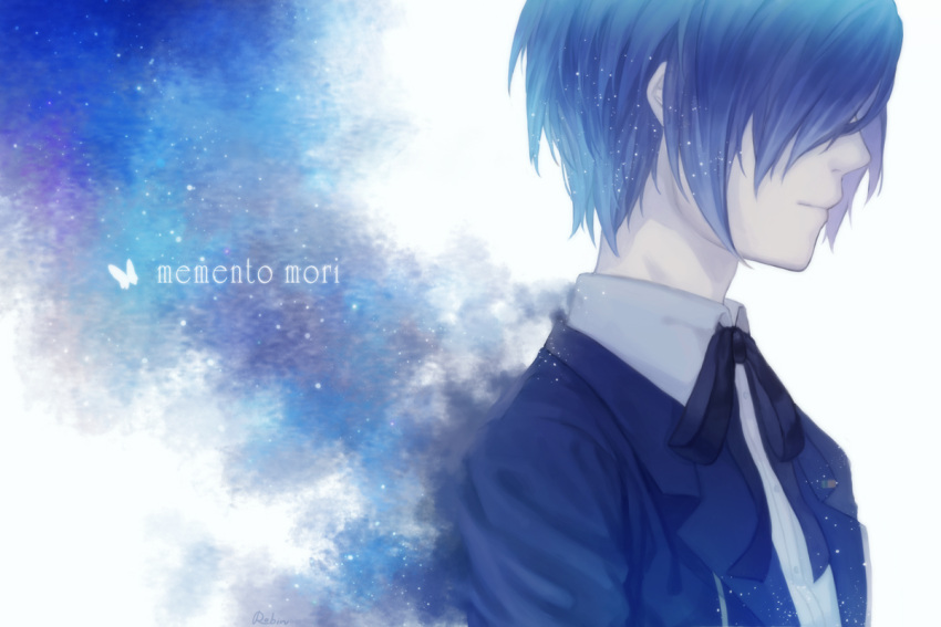 arisato_minato, blue_hair, bow, butterfly, hair_over_one_eye, male, persona, persona_3