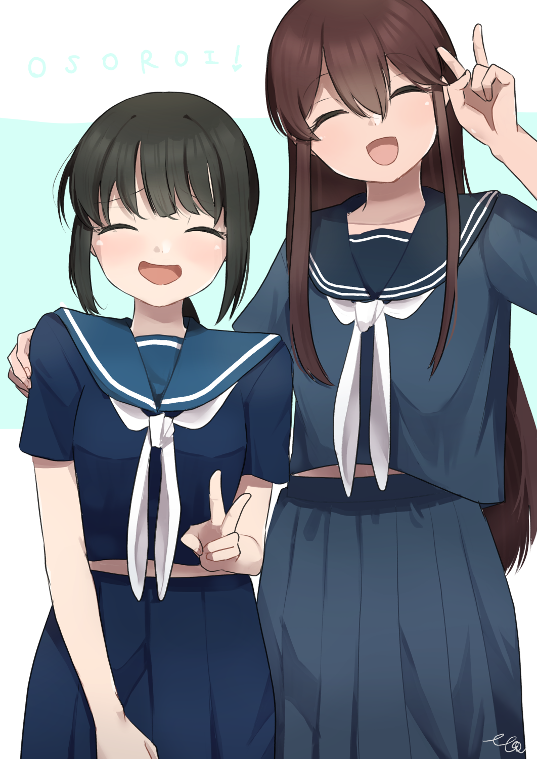 2girls, akagi_(kancolle), akagi_(sasebo)_(kancolle), black_hair, blue_serafuku, blue_shirt, blue_skirt, blush