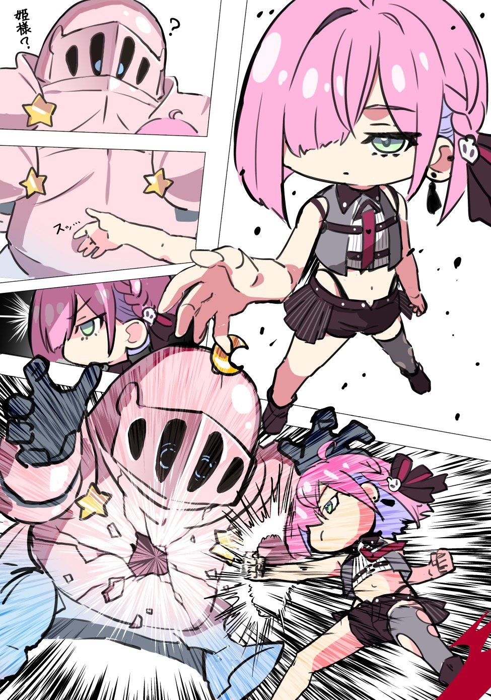 1girl, armor, black_shorts, chibi, cracked_armor, earrings, green_eyes, hair_over_one_eye