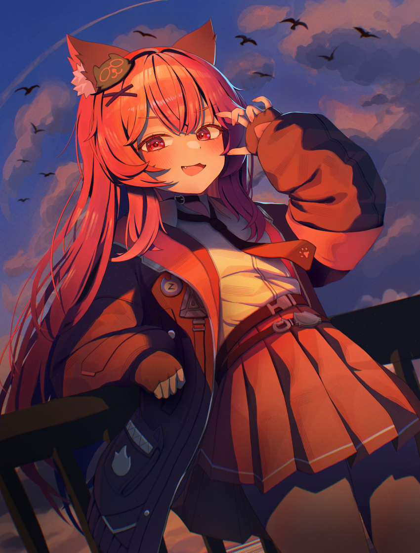 1girl, absurdres, against_railing, animal_ear_fluff, animal_ears, black_choker, black_gloves, black_jacket