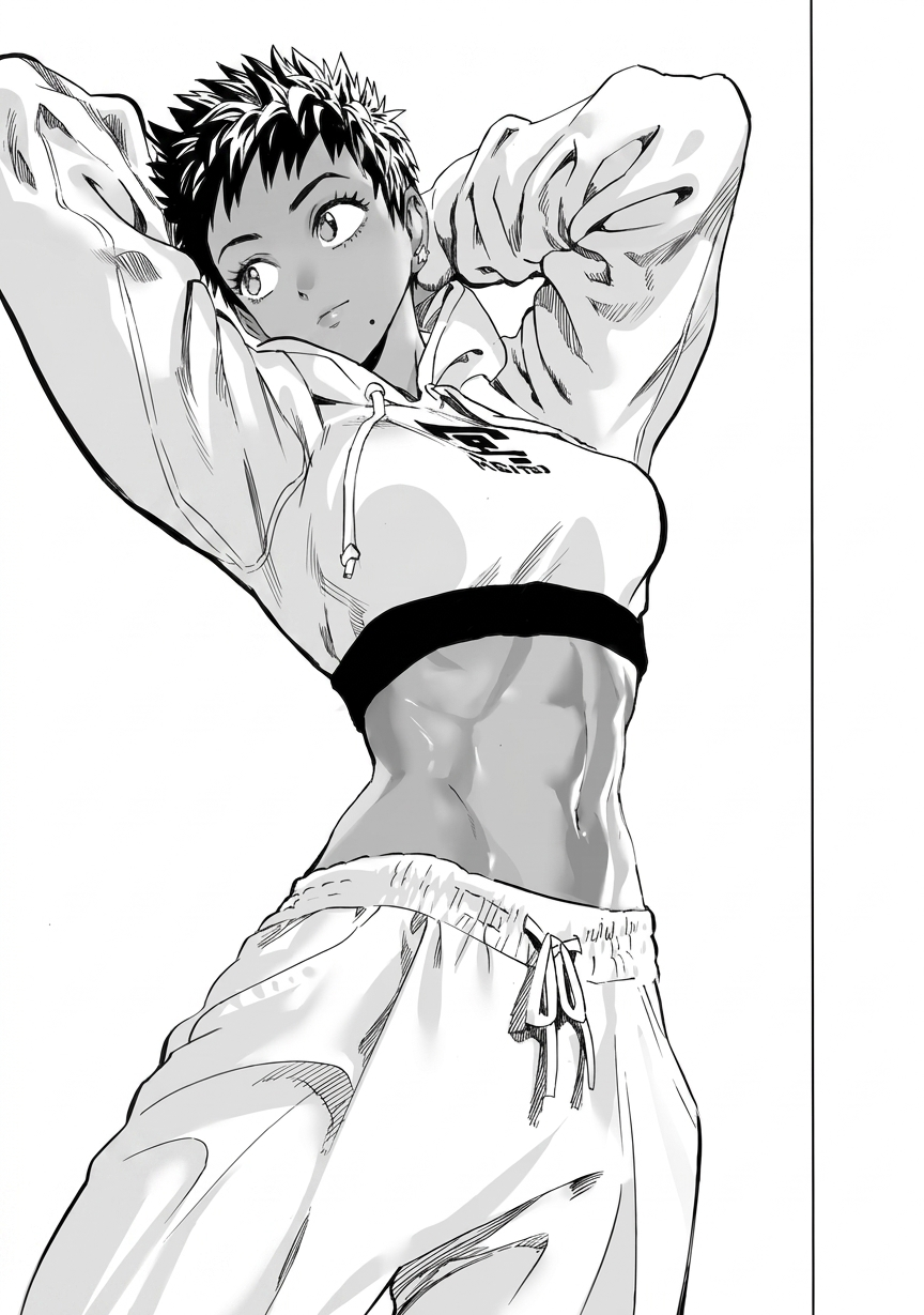 1girl, abs, arms_up, breasts, cropped_jacket, dark-skinned_female, dark_skin, earrings
