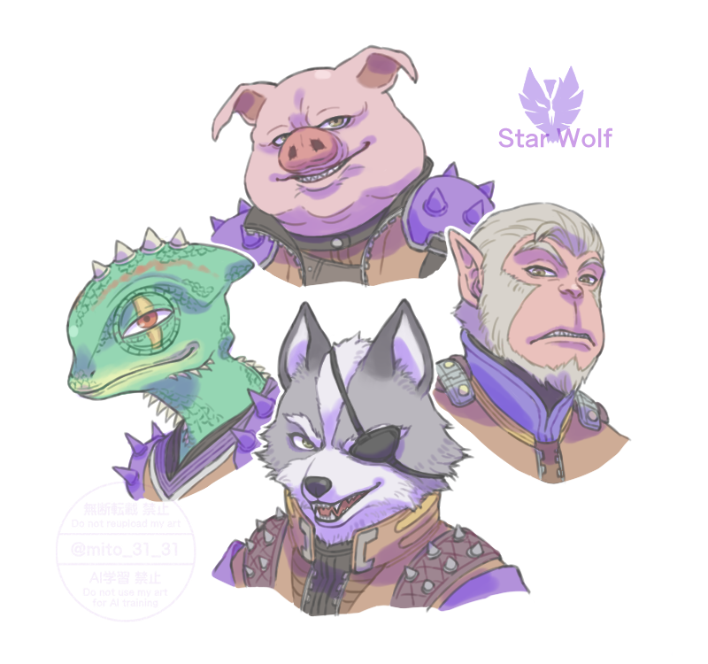 4boys, andrew_oikonny, animal_ears, chameleon_boy, closed_mouth, commentary, eyepatch, fangs