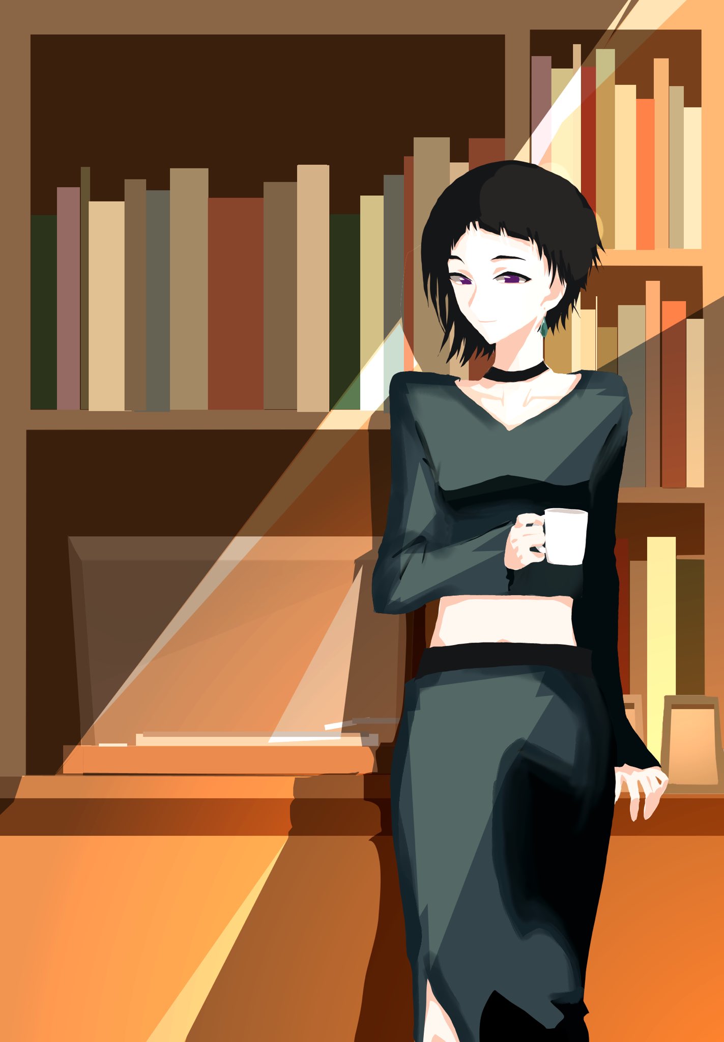 1girl, against_bookshelf, black_choker, black_hair, black_shirt, book, bookshelf, choker, collarbone, crop_top, cup, digimon, digimon_beatbreak, earrings, highres, holding, holding_cup, hrukkkkk, jewelry, kutsuwada_maki, leaning_on_object, light_rays, long_shirt, long_sleeves, midriff, shirt, short_hair, sleeves_past_wrists, solo, standing, violet_eyes