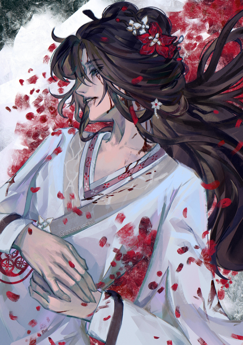 1girl, absurdres, blood, blood_from_mouth, chinese_clothes, flower, from_above, hair_flower