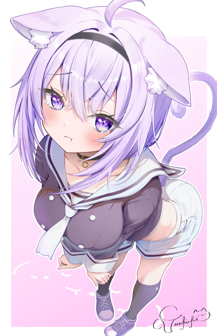 1girl, ahoge, animal_collar, animal_ears, black_collar, black_hairband, black_shirt, black_shoes, black_socks, buttons, cat_ears, cat_girl, cat_tail, collar, commentary_request, cropped_shirt, crossed_bangs, double-breasted, double-parted_bangs, full_body, hair_between_eyes, hairband, highres, hololive, kneehighs, leaning_forward, long_sleeves, looking_at_viewer, messy_hair, neckerchief, nekomata_okayu, nekomata_okayu_(school_uniform), official_alternate_costume, pout, purple_hair, sailor_collar, school_uniform, serafuku, shirt, shoes, short_hair, shorts, sleeve_cuffs, sneakers, socks, solo, tail, tearing_up, torakichi_888, violet_eyes, virtual_youtuber, white_neckerchief, white_sailor_collar, white_shorts