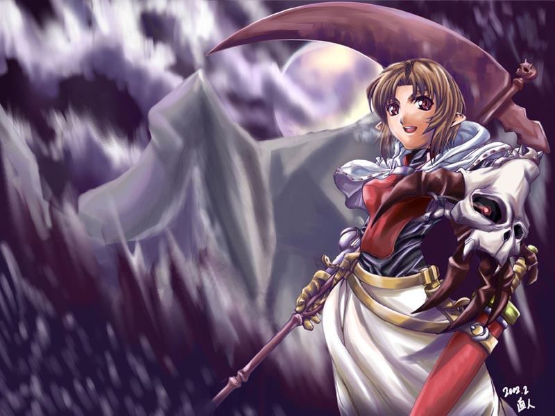 2002, armor, armored_dress, belt, brown_hair, claws, dress, gloves