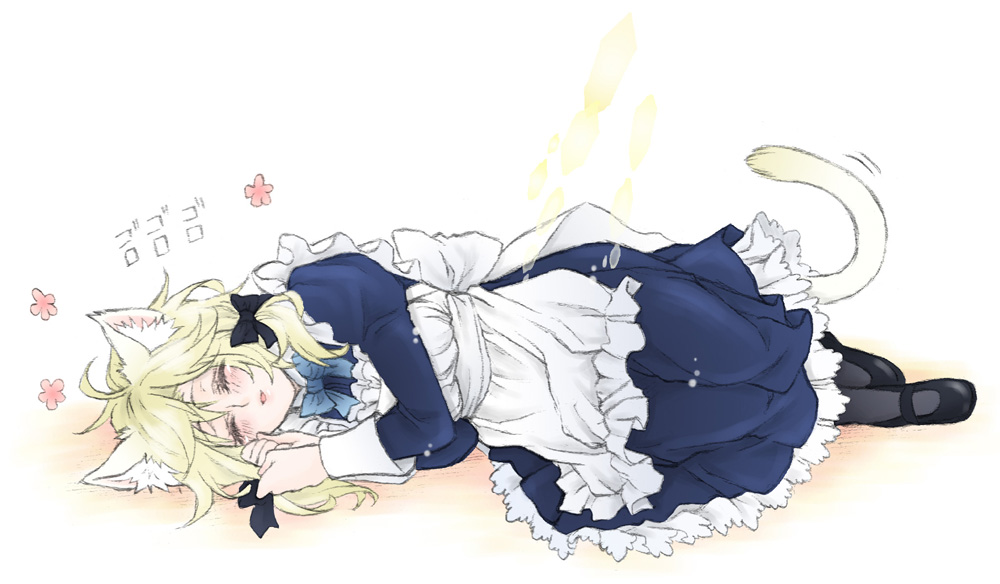 animal_ears, apron, black_legwear, black_pantyhose, black_ribbon, blonde_hair, blush, bow