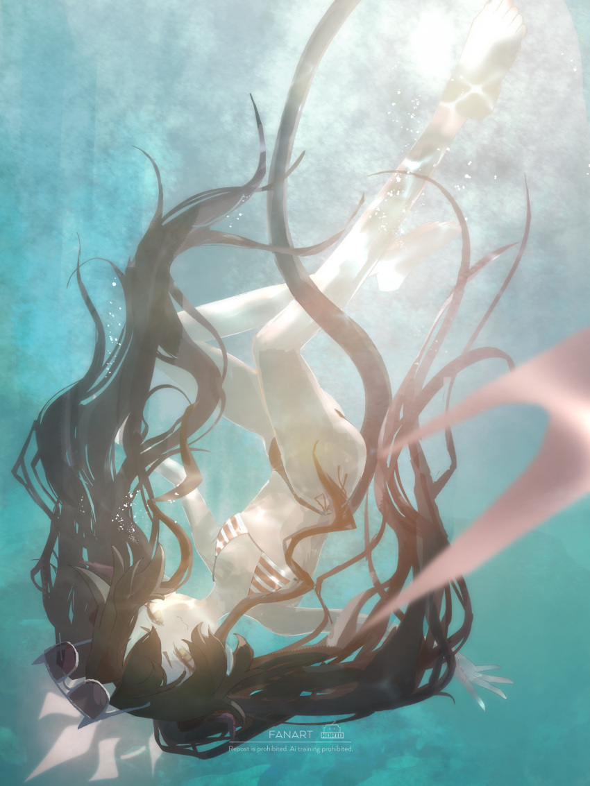 1girl, absurdres, bare_arms, bare_legs, bikini, black_hair, blue_archive, breasts, eyewear_on_head, glowing, glowing_halo, hair_between_eyes, halo, highres, horns, kasumi_(blue_archive), kasumi_(swimsuit)_(blue_archive), long_hair, looking_at_viewer, norio_(norio386), small_breasts, solo, sunglasses, sunlight, swimsuit, tail, twintails, underwater, upside-down, very_long_hair