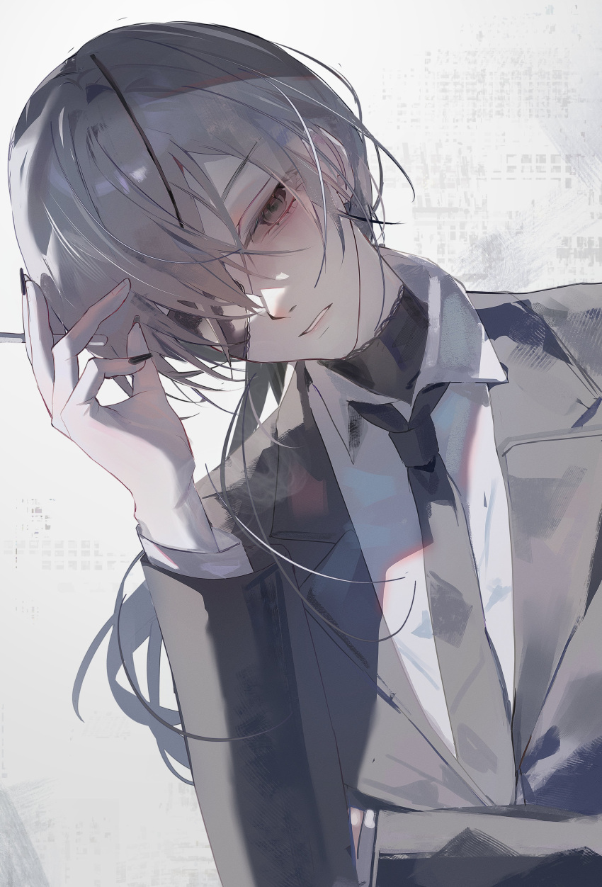 1girl, absurdres, black_nails, black_necktie, chainsaw_man, cigarette, collared_shirt, eyepatch
