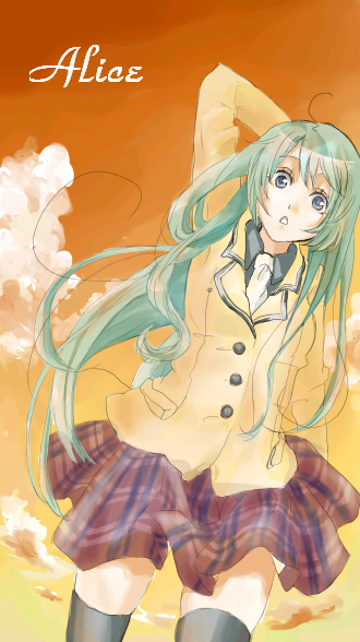 aria, arm_up, blazer, blue_eyes, grazie_(avvenire-aria), green_hair, hand_behind_head, long_hair, open_mouth, plaid, plaid_skirt, school_uniform, skirt, sky, solo, thigh-highs, thighhighs, zettai_ryouiki