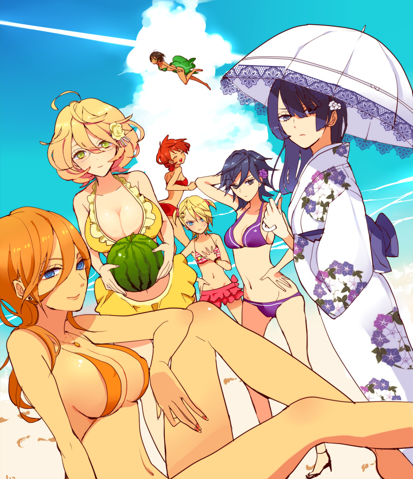 aijima_cecil, bad_feet, beach, bikini, bikini_skirt, blonde_hair, blue_eyes, blue_hair, blush, breast_envy, breasts, cleavage, dark_skin, earrings, flower, flying, food, frilled_bikini, frills, fruit, genderswap, glasses, green_eyes, hair_flower, hair_ornament, hand_on_hip, highres, hijirikawa_masato, ichinose_tokiya, ittoki_otoya, japanese_clothes, jewelry, jinguuji_ren, kimono, kurusu_shou, large_breasts, lastgray, legs, long_hair, multiple_girls, nail_polish, navel, necklace, orange_hair, parasol, purple_eyes, red_eyes, red_hair, shinomiya_natsuki, short_hair, sideboob, staring_at_breasts, swimsuit, thighs, umbrella, uta_no_prince-sama, watermelon