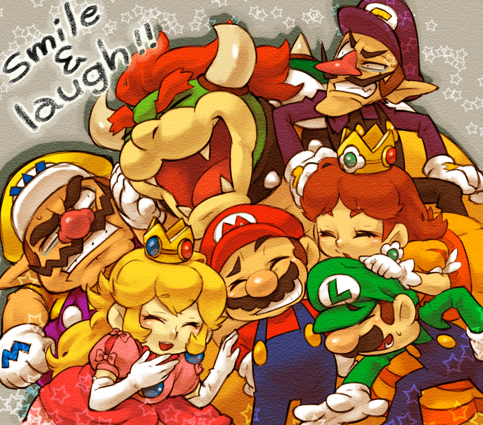 crown, facial_hair, gloves, grin, hat, laughing, luigi, mario