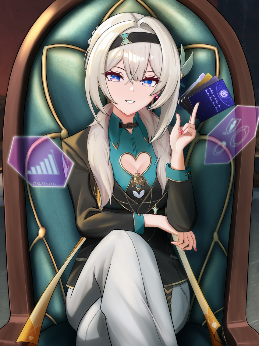 1girl, absurdres, alternate_hairstyle, aventurine_(honkai:_star_rail), aventurine_(honkai:_star_rail)_(cosplay), between_fingers, black_hairband, black_jacket