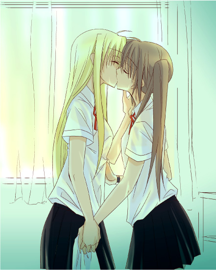 fate_testarossa, kiss, kissing, long_hair, mahou_shoujo_lyrical_nanoha, mahou_shoujo_lyrical_nanoha_strikers, multiple_girls, muraya_yoshihisa, mutual_yuri, skirt, takamachi_nanoha, twintails, uniform, yuri