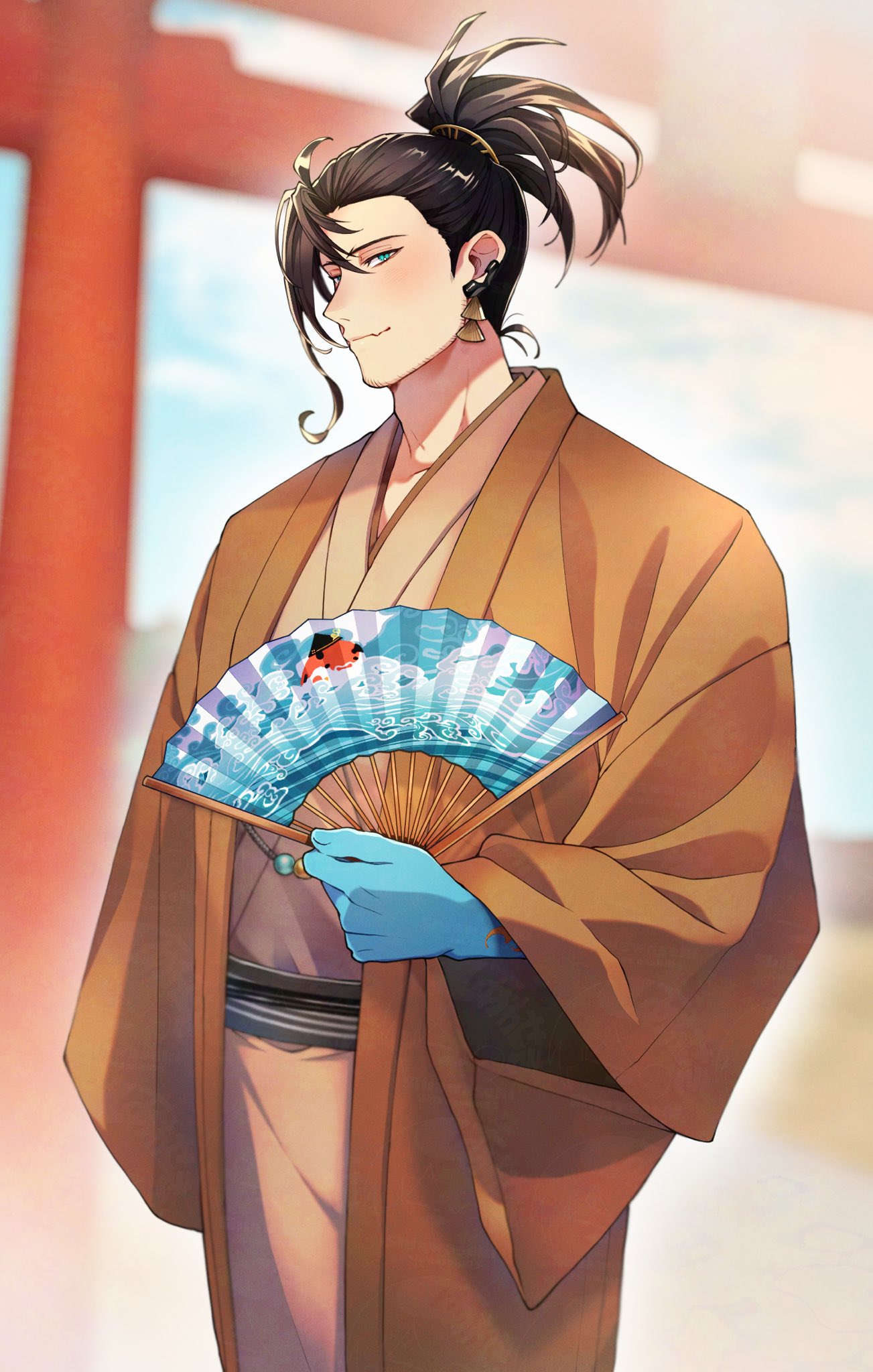 1boy, alternate_costume, aqua_eyes, beard_stubble, black_hair, blue_hands, brown_haori, brown_kimono