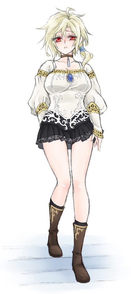 blonde_hair, blouse, boots, breasts, brooch, choker, cleavage, collarbone