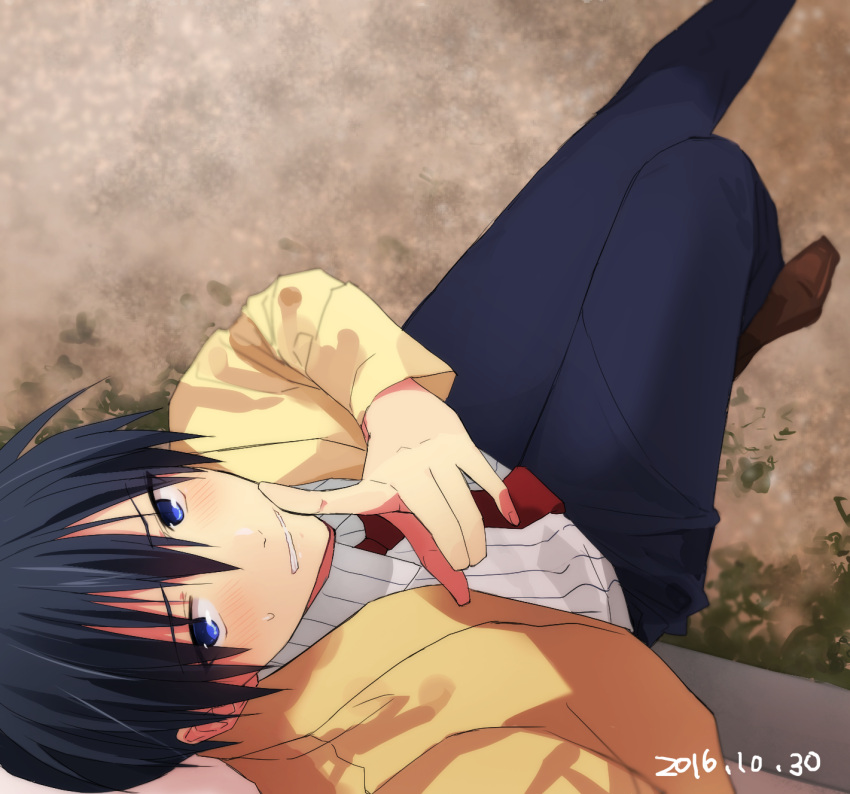 1boy, black_hair, black_pants, blue_eyes, blush, clannad, collared_shirt, commentary_request
