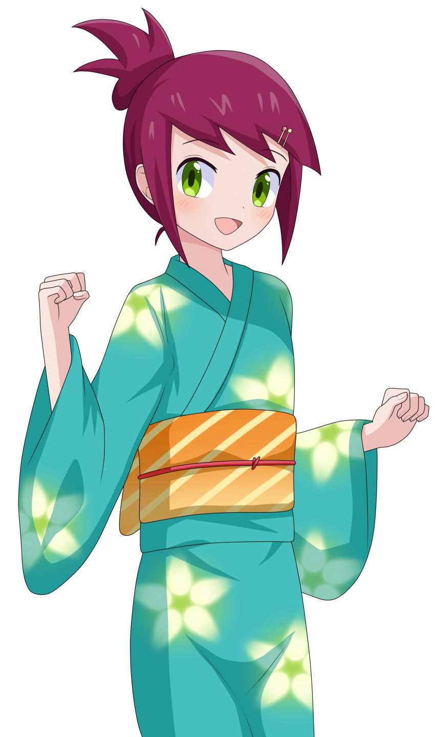 1girl, :d, absurdres, alternate_costume, alternate_hairstyle, aqua_kimono, blush, commentary
