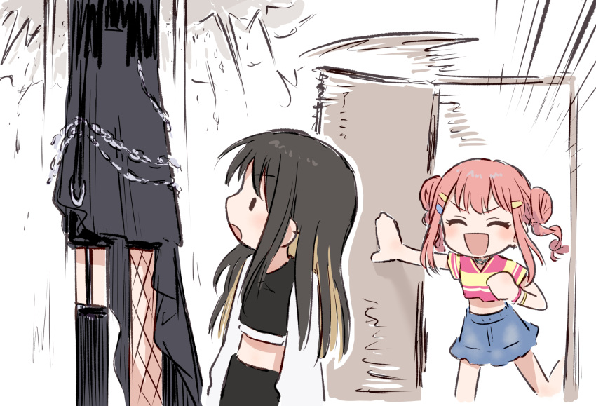 3girls, bang_dream!, bang_dream!_our_notes, black_dress, black_hair, blonde_hair, blue_skirt, chain