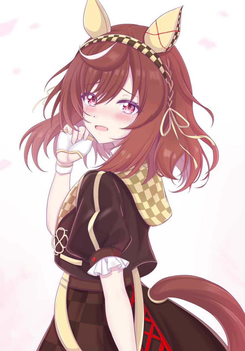 1girl, absurdres, animal_ears, blush, braid, brown_hair, brown_jacket, brown_skirt