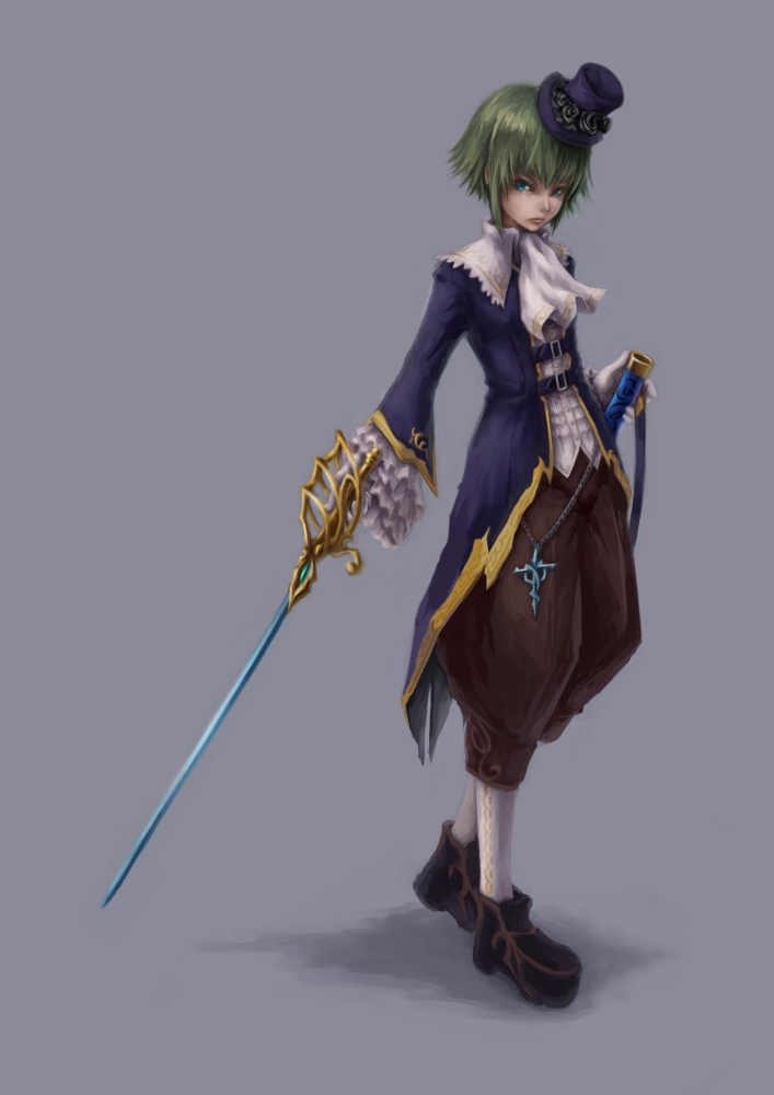 blue_eyes, cravat, frills, gloves, green_hair, hat, khell, long_sleeves