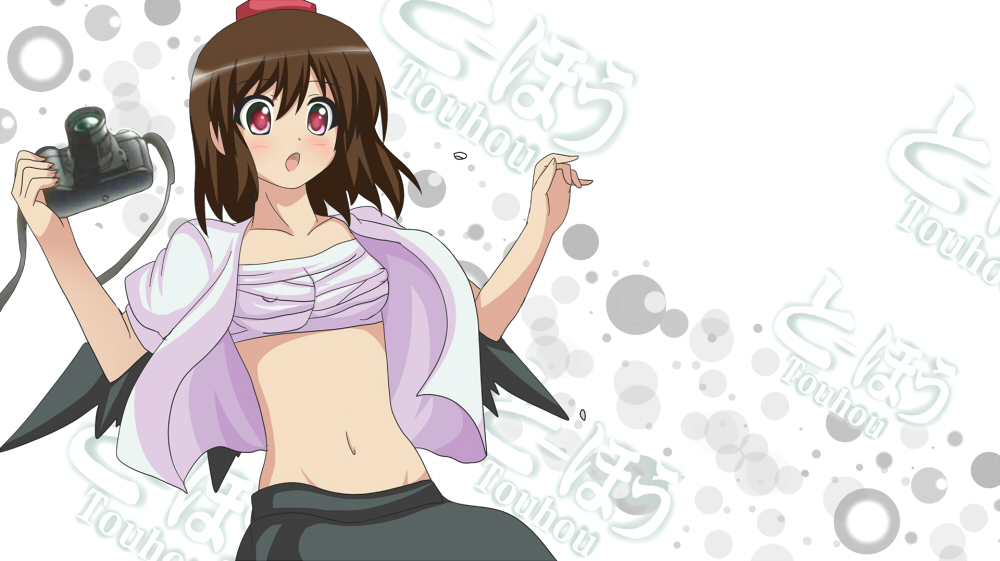 brown_hair, camera, hat, navel, open_clothes, open_shirt, parody, r-15, red_eyes, rokino, sarashi, shameimaru_aya, shinekalta, solo, style_parody, tokin_hat, touhou, wings