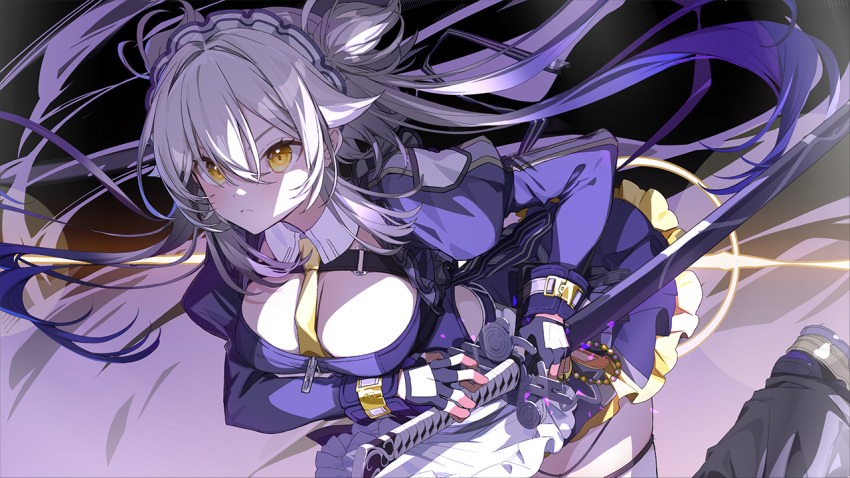 1girl, dimension_totsu_lovers!!, double_bun, fighting_stance, grey_hair, hair_bun, holding, holding_sword, holding_weapon, katana, maid, maid_headdress, multicolored_hair, non-web_source, ponytail, purple_hair, sword, weapon, yellow_eyes