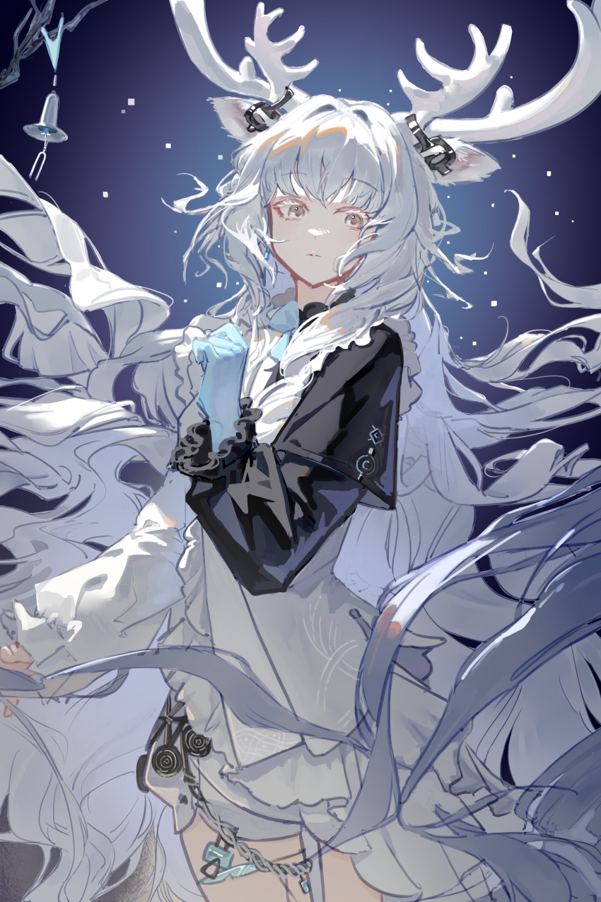 1girl, absurdres, animal_ears, arknights, black_sleeves, blue_gloves, chinese_commentary, closed_mouth