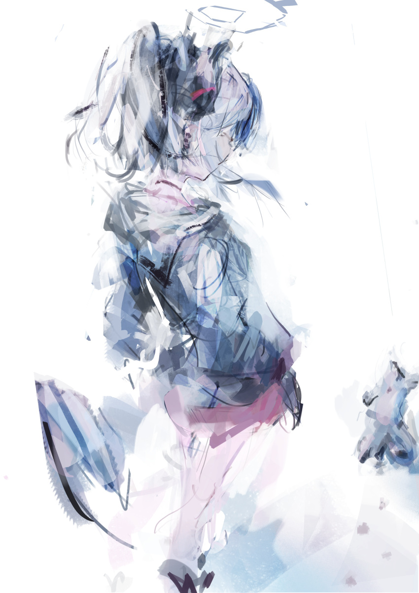 1girl, absurdres, black_hair, black_hoodie, black_shoes, blue_archive, cat, commentary, demon_girl, demon_horns, demon_wings, ear_piercing, from_behind, grey_hair, hands_in_pockets, highres, hira15623, hood, hoodie, horns, kayoko_(blue_archive), multicolored_hair, piercing, ponytail, red_skirt, shoes, short_hair, single_wing, skirt, solo, two-tone_hair, wings