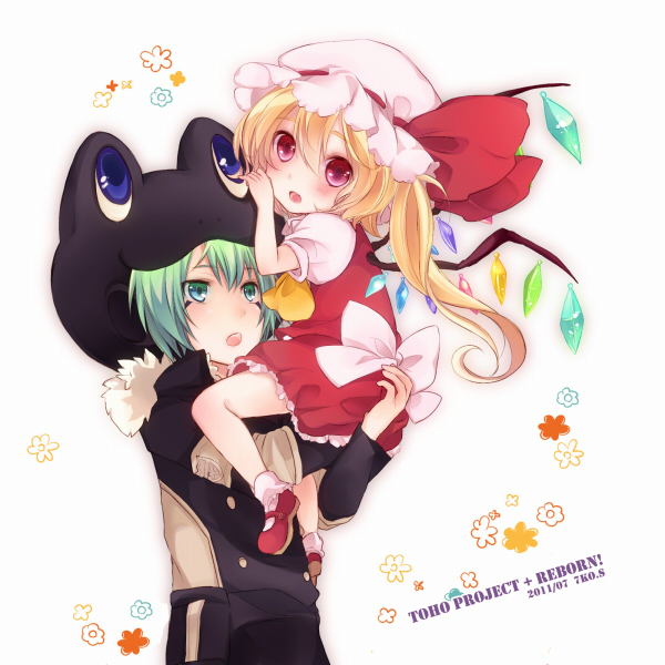 blonde_hair, crossover, f, flandre_scarlet, fran, fran_(reborn), francesca_lucchini, franziska, frog_costume, green_eyes, green_hair, katekyo_hitman_reborn, katekyo_hitman_reborn!, red_eyes, sanada_nako, side_ponytail, touhou, wings