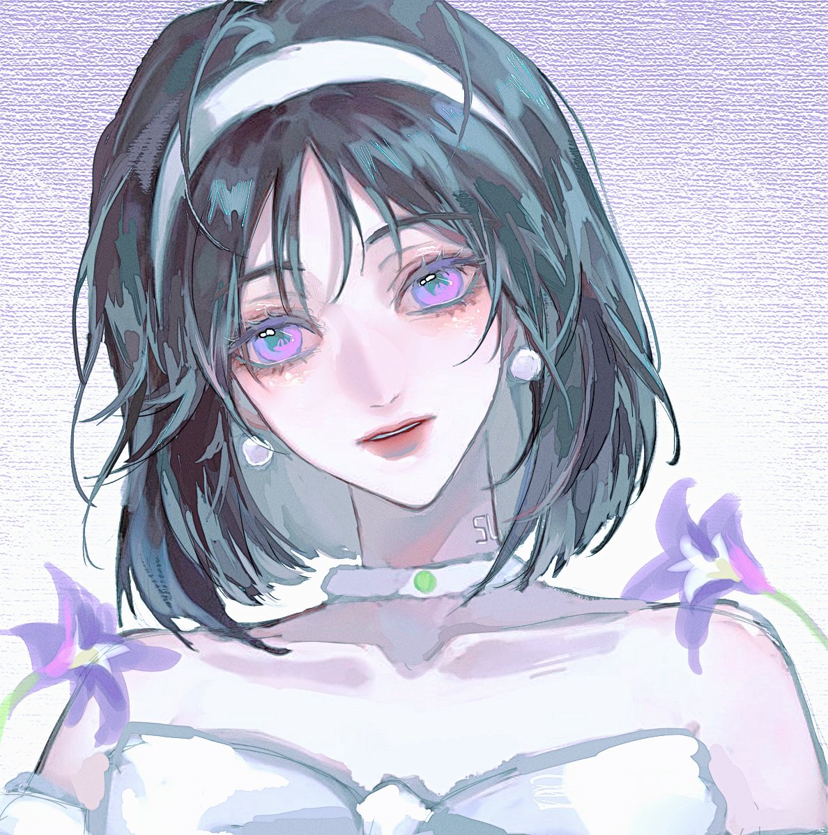 1girl, alien_stage, black_hair, commentary_request, dress, expressionless, flower, glowtoast