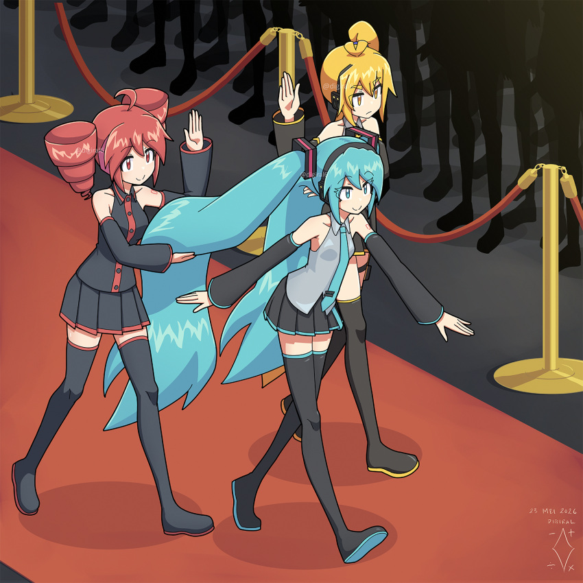 3girls, akita_neru, aqua_trim, arm_up, artist_logo, artist_name, black_boots, black_skirt, black_sleeves, blonde_hair, boots, colored_shoe_soles, commentary, crowd, detached_sleeves, digiral, drill_hair, english_commentary, full_body, hatsune_miku, highres, kasane_teto, kasane_teto_(utau), logo, long_hair, meme, multiple_girls, necktie, pleated_skirt, red_carpet, red_eyes, red_hair, red_trim, servants_holding_aphrodite's_breasts_(meme), shirt, shuumatsu_no_valkyrie, side_ponytail, skirt, smile, stanchion, thigh_boots, triple_baka_(group), twintails, utau, very_long_hair, vocaloid, walking, yellow_eyes, yellow_trim