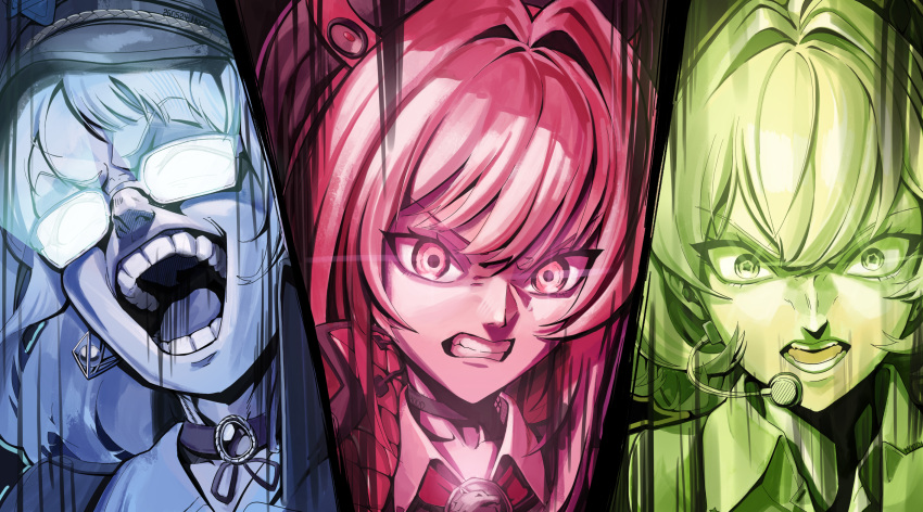 3girls, 95hoody, angry, anis_(nikke), anis_(star)_(nikke), clenched_teeth, collared_shirt, earpiece, frown, glasses, goddess_of_victory:_nikke, hair_intakes, hat, highres, long_hair, meme, multiple_girls, neon_(nikke), neon_(vision_eye)_(nikke), opaque_glasses, open_mouth, rapi_(nikke), rapi_(red_hood)_(nikke), rectangular_eyewear, shirt, smile, teeth, tongue, triple_domain_expansion_(meme)