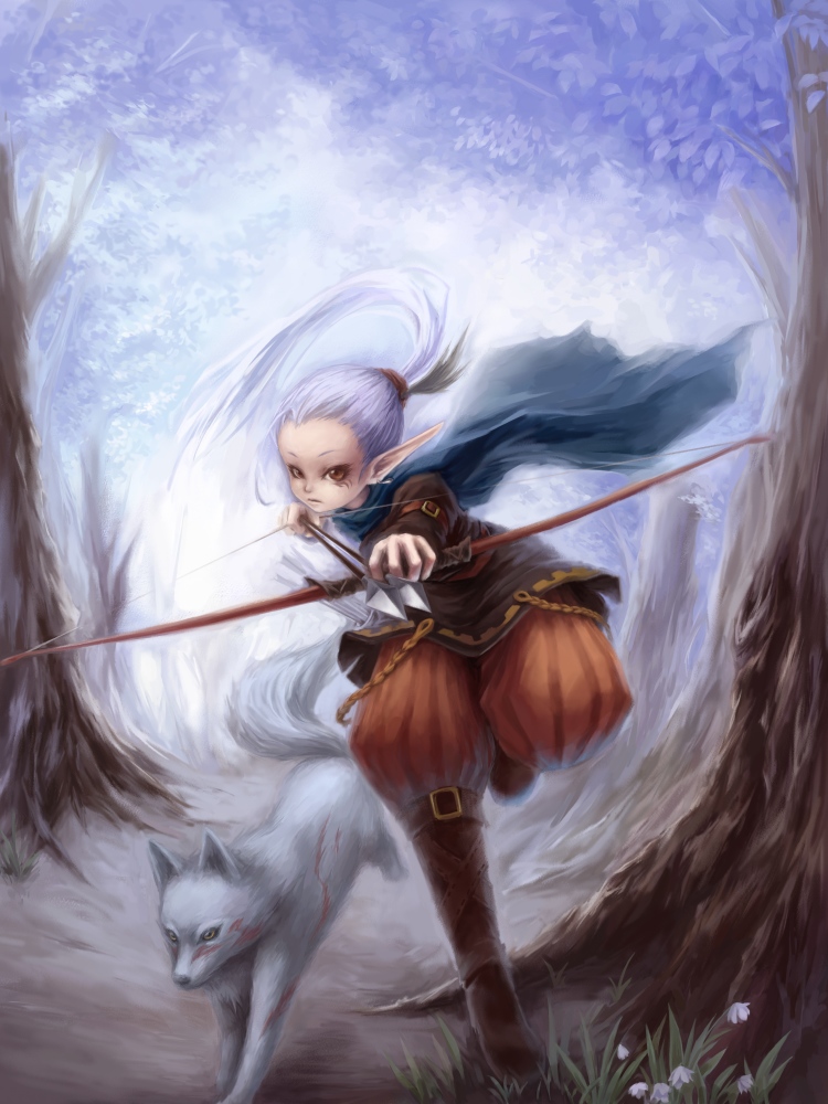 archery, arm_belt, arm_garter, arrow, boots, bow_(weapon), brown_eyes, cape