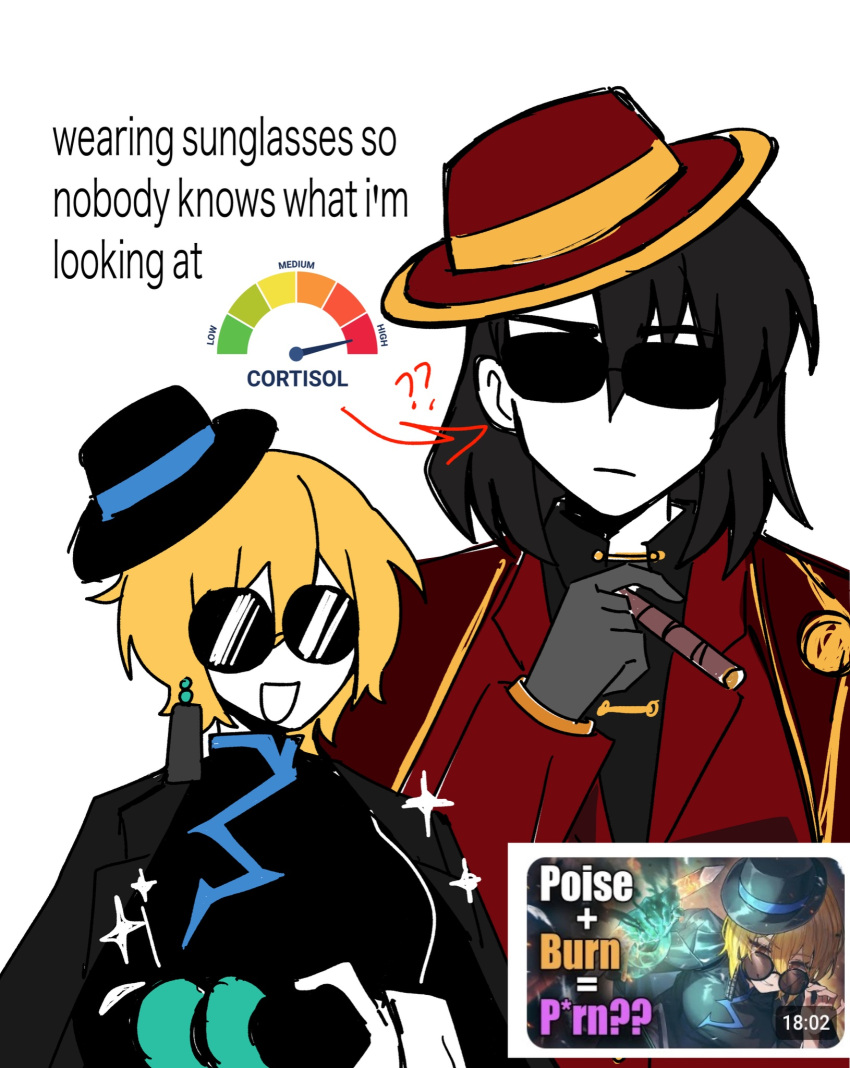 1boy, 1girl, black_coat, black_dress, black_hat, blonde_hair, cattenco, cinq_association_east_uniform