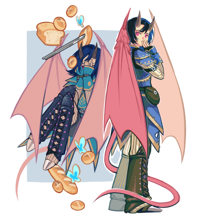 2girls, arm_belt, arueshalae, blue_hair, blue_jacket, bread, closed_eyes, covering_own_face, demon_girl, demon_horns, demon_tail, demon_wings, dual_persona, food, hands_on_own_face, highres, horns, jacket, multiple_girls, nagirenrenoor, pathfinder:_wrath_of_the_righteous, pink_eyes, short_hair, standing, tail, wings