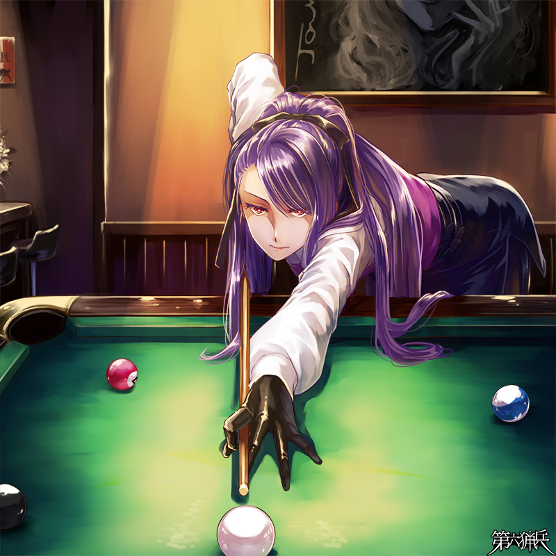 1girl, bar_(place), black_gloves, black_skirt, commentary, copyright_name, cue_stick, dairoku_ryouhei